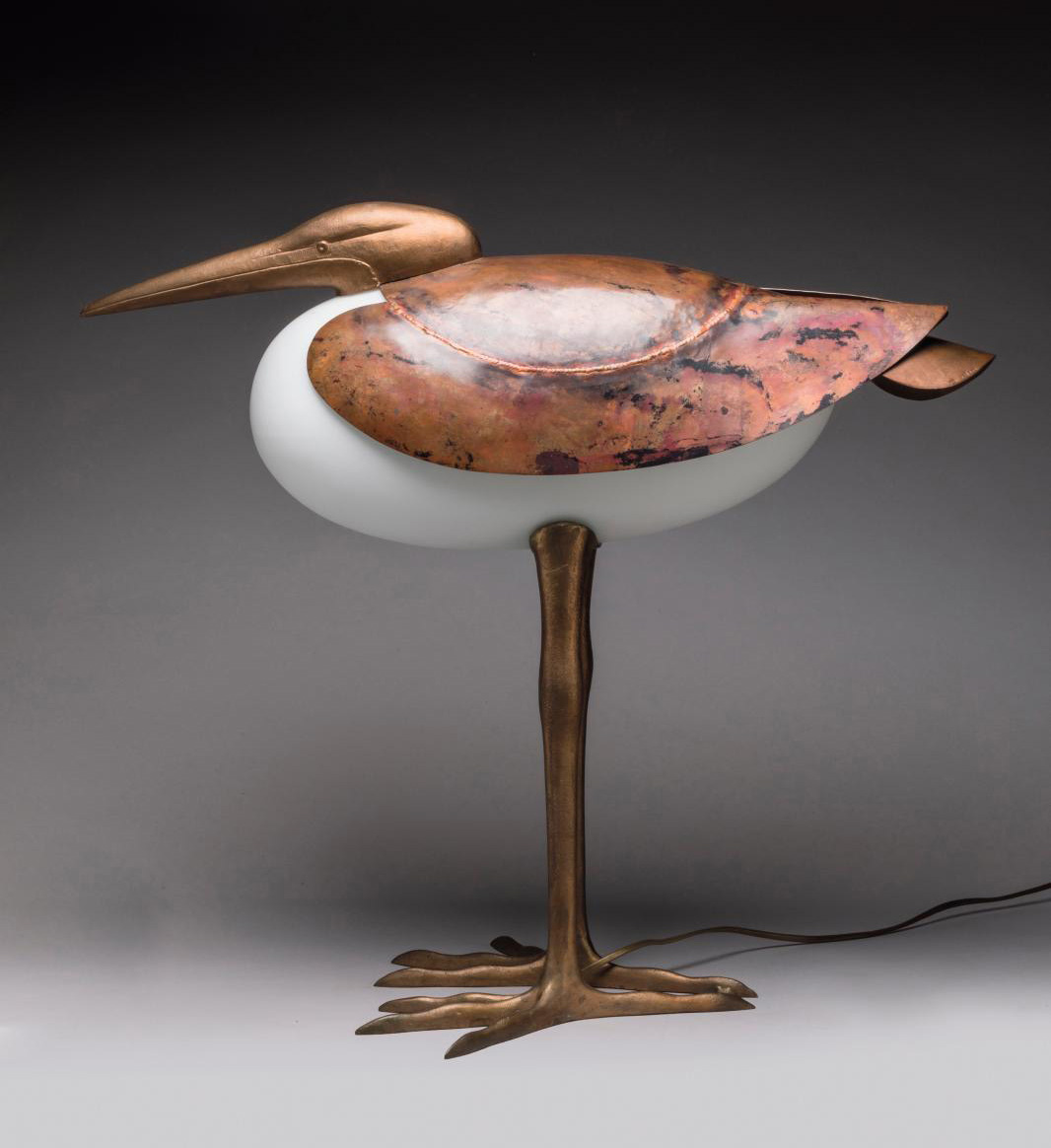François-Xavier Lalanne (1927-2008), Grand Échassier lamp-sculpture (Tall Wading Bird), c. 1990, copper with red patina, gilded bronze and