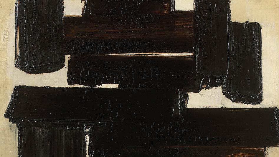 Pierre Soulages (né en 1919), Peinture 81 x 60 cm, 3 décembre 1956, huile sur toile... Soulages et Senghor, liés par la poésie