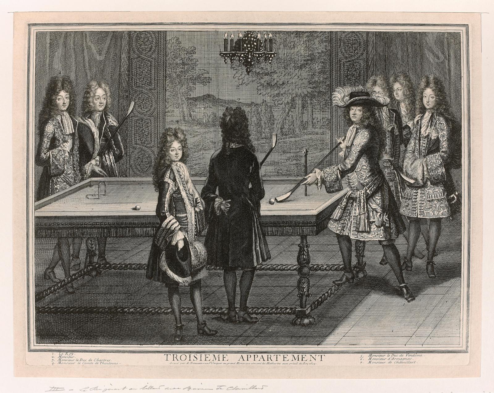 Antoine Trouvain (1650-1710), Le Roi jouant au billard avec monsieur de Chamillard, d’une suite de six estampes in-folio intitulée «Les ap