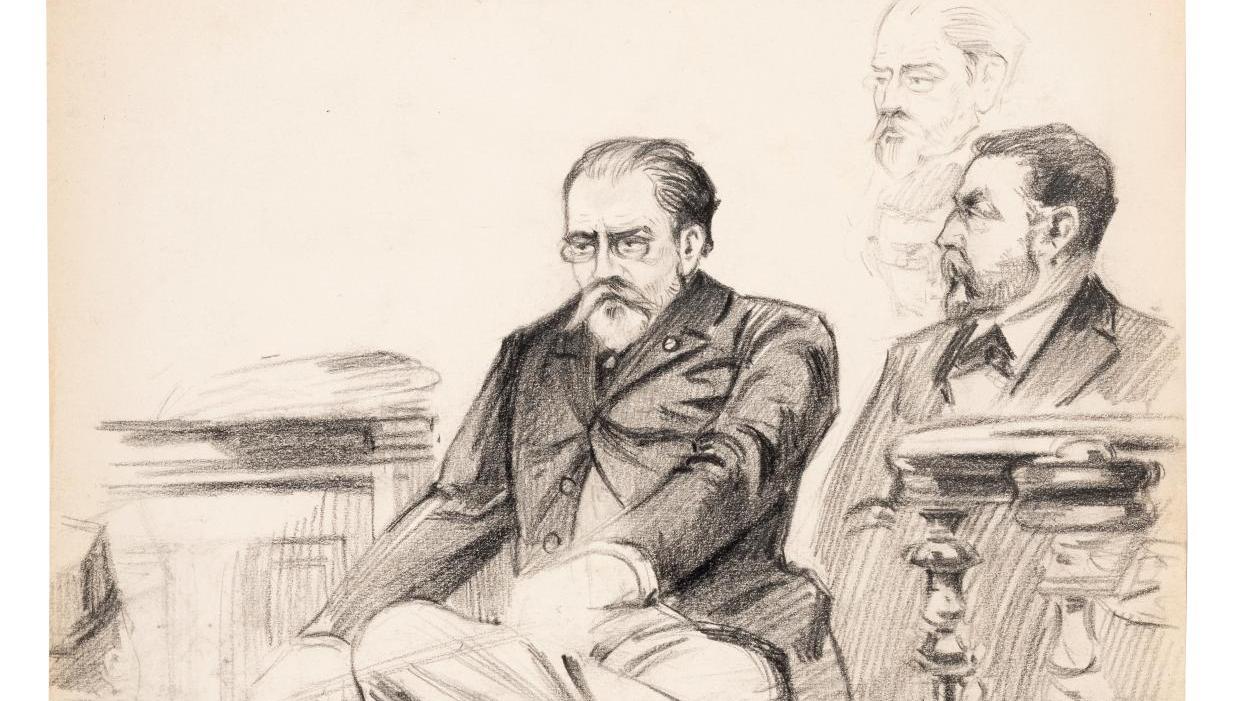 Maurice Feuillet (1873-1968), Zola à son procès, dessin à la pierre noire, 31,7 x 24 cm.... Des préemptions autour des procès Dreyfus et Zola