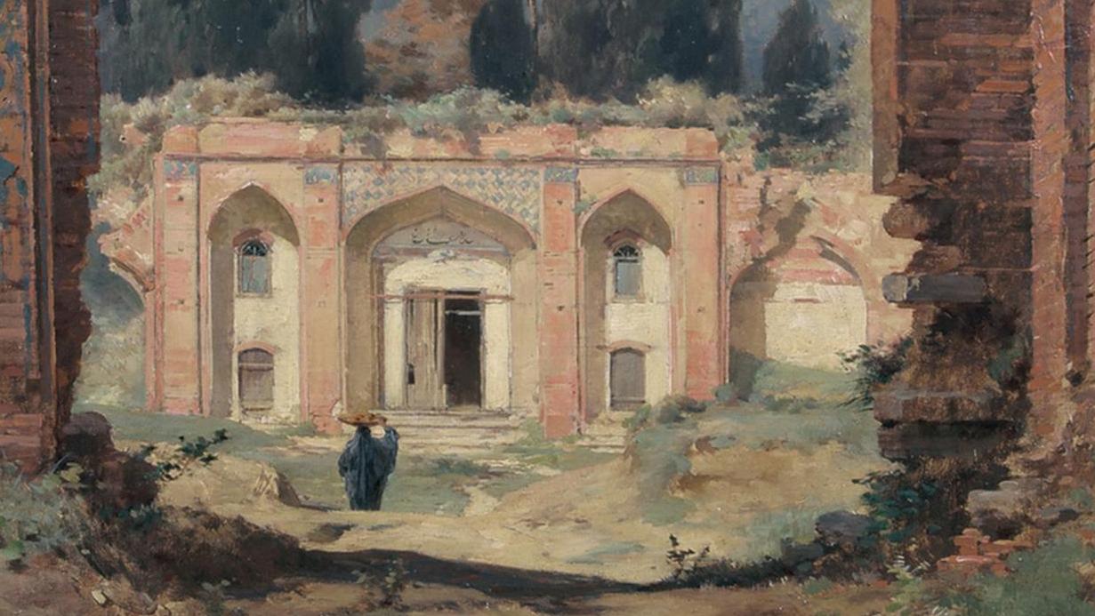 Jules Laurens (1825-1901), Les Ruines du palais d’Ashraf, entre 1848 et 1894, huile... Un pont de roses entre Orient et Occident