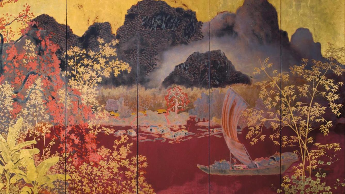Lê Quoc Loc (1918-1987), paravent à six feuilles en laque polychrome à décor de paysage... Luxuriante laque de Lê Quoc Loc