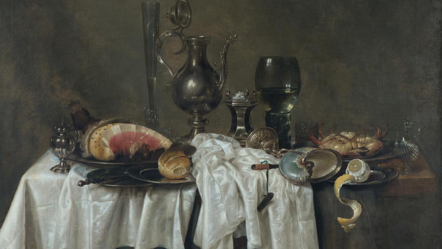 Willem Claesz Heda (1594-1680), Nature morte aux pièces d’orfèvrerie, crabe et citron,... Symphonie argentée
