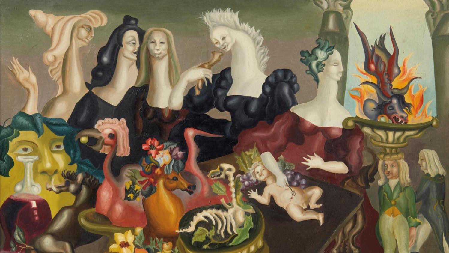 Leonora Carrington (1917-2011), Le Repas de lord Candlestick, 1938, huile sur toile,... À la table de la collection André-François Petit