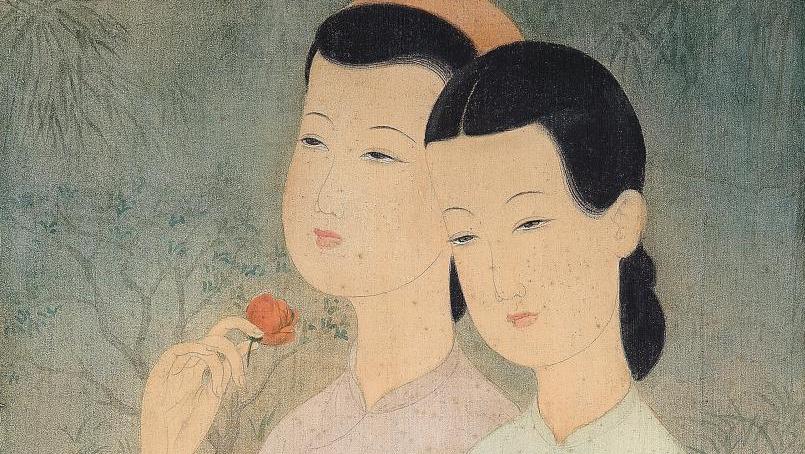 Mai Trung Thu, dit Mai-Thu (1906-1980), Les Deux Sœurs, 1942, encre et gouache sur... Deux sœurs dans un jardin par Mai-Thu