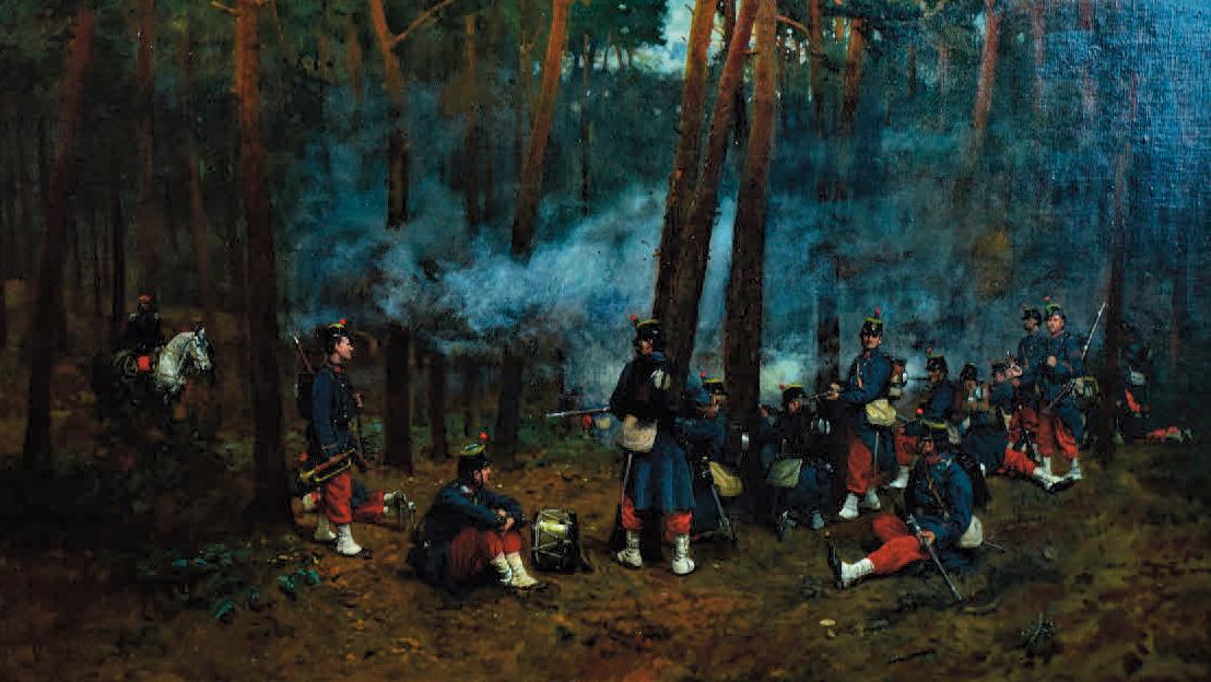 Antoni Piotrowski (1853-1924), Manœuvres de soldats en forêt de Fontainebleau, huile... Matisse en ami, Piotrowski en guerrier