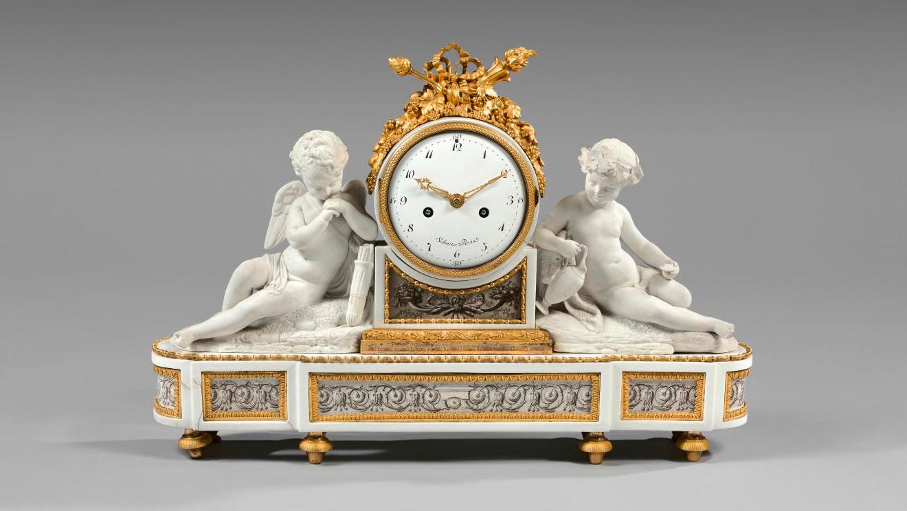 Clock with a Cupid and infant Bacchus decoration in biscuit and gilt bronze, hard... The Last Splendors of the Crédit Foncier de France Collection