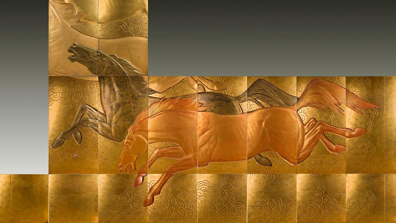 Jean Dunand (1877-1942), La Conquête du cheval, 1935, set of 18 panels in gold and... Jean Dunand and the Normandie: A Temple of Art Deco