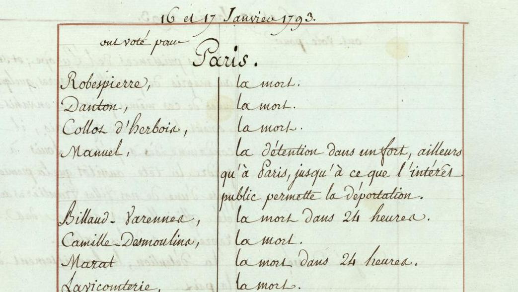 Procès-verbal des séances des 16 et 17 janvier 1793, procès de Louis XVI, page du... Des livres et l’histoire