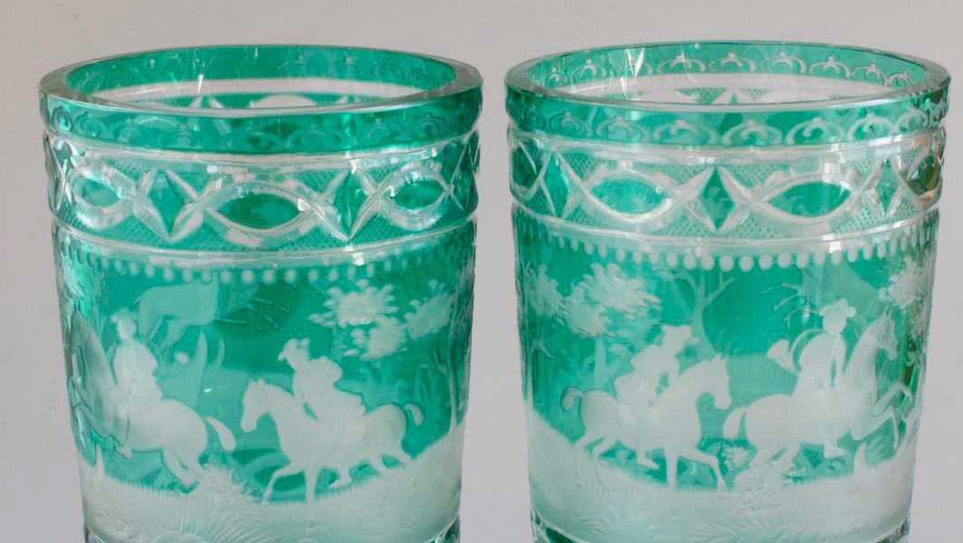 Bohemia, early 20th century. Pair of glass pedestal tumblers lined with green enamel... G for Glass