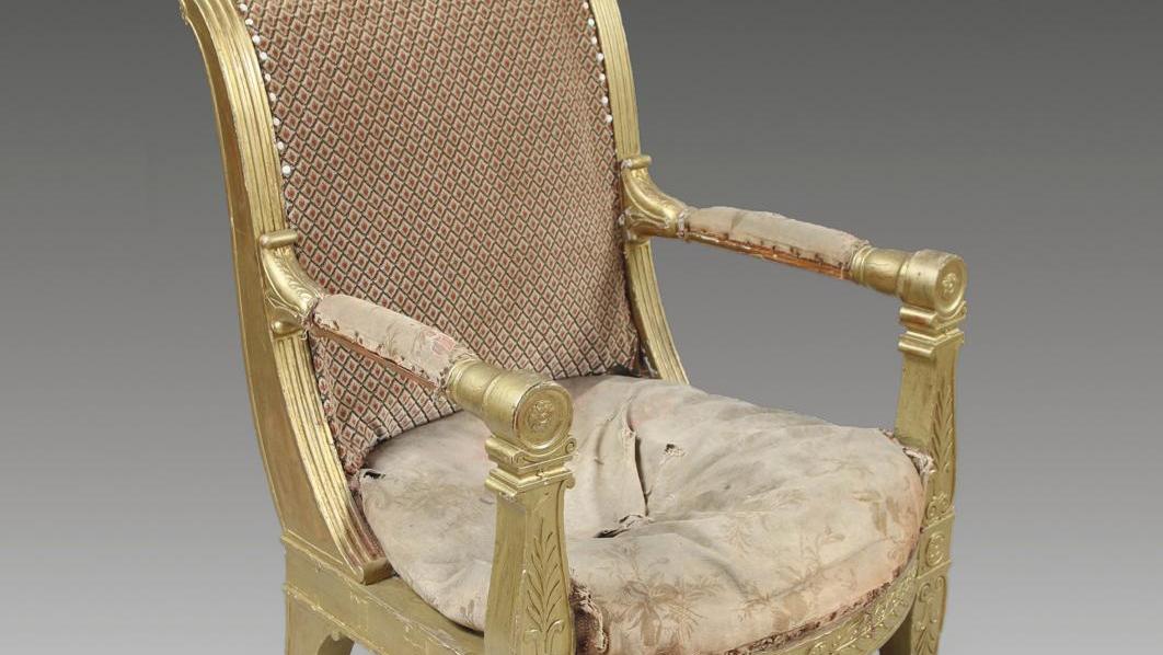 Époque Empire, fauteuil d’apparat en hêtre sculpté et doré, estampille «Jacob D Rue... Un fauteuil pour l’Empereur par Jacob Desmalter