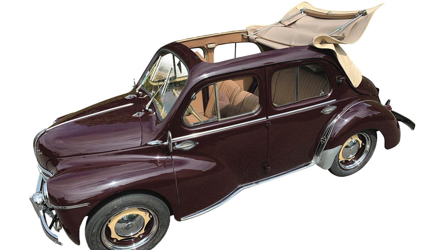 Renault 4CV découvrable, type R1062, 1954, couleur bordeaux, 38 010 km compteur.... En voiture, Simone, mais en 4CV !