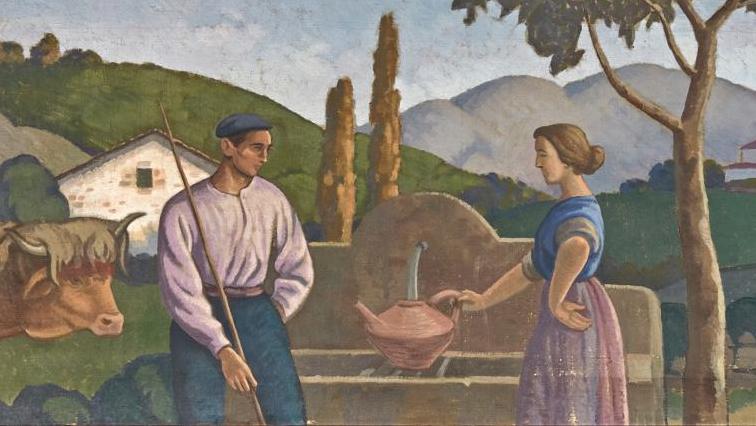 Ramiro Arrue (1892-1971), Paysage avec bouvier et femme à la fontaine et vieil homme... Les idylles bucoliques d’Arrue au Pays Basque