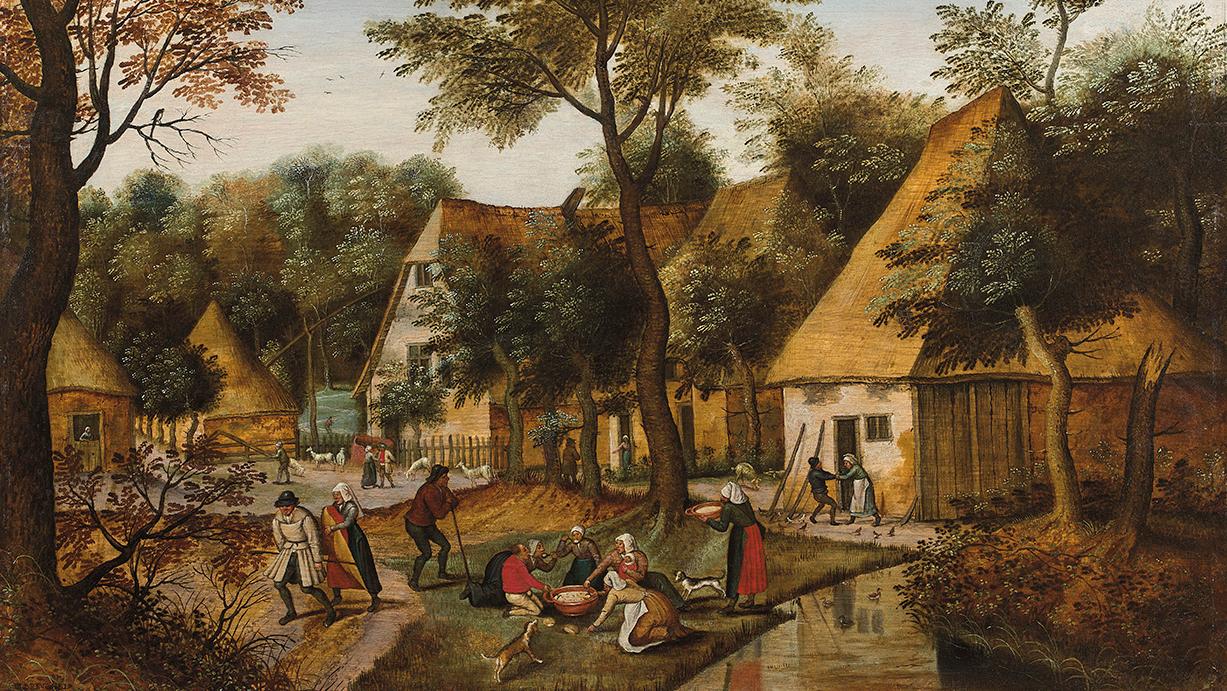 Pieter II Bruegel dit Bruegel le Jeune (1564-1638), Le Repas des paysans au village,...  Bruegel le Jeune et le duo Daret-Bernaerts