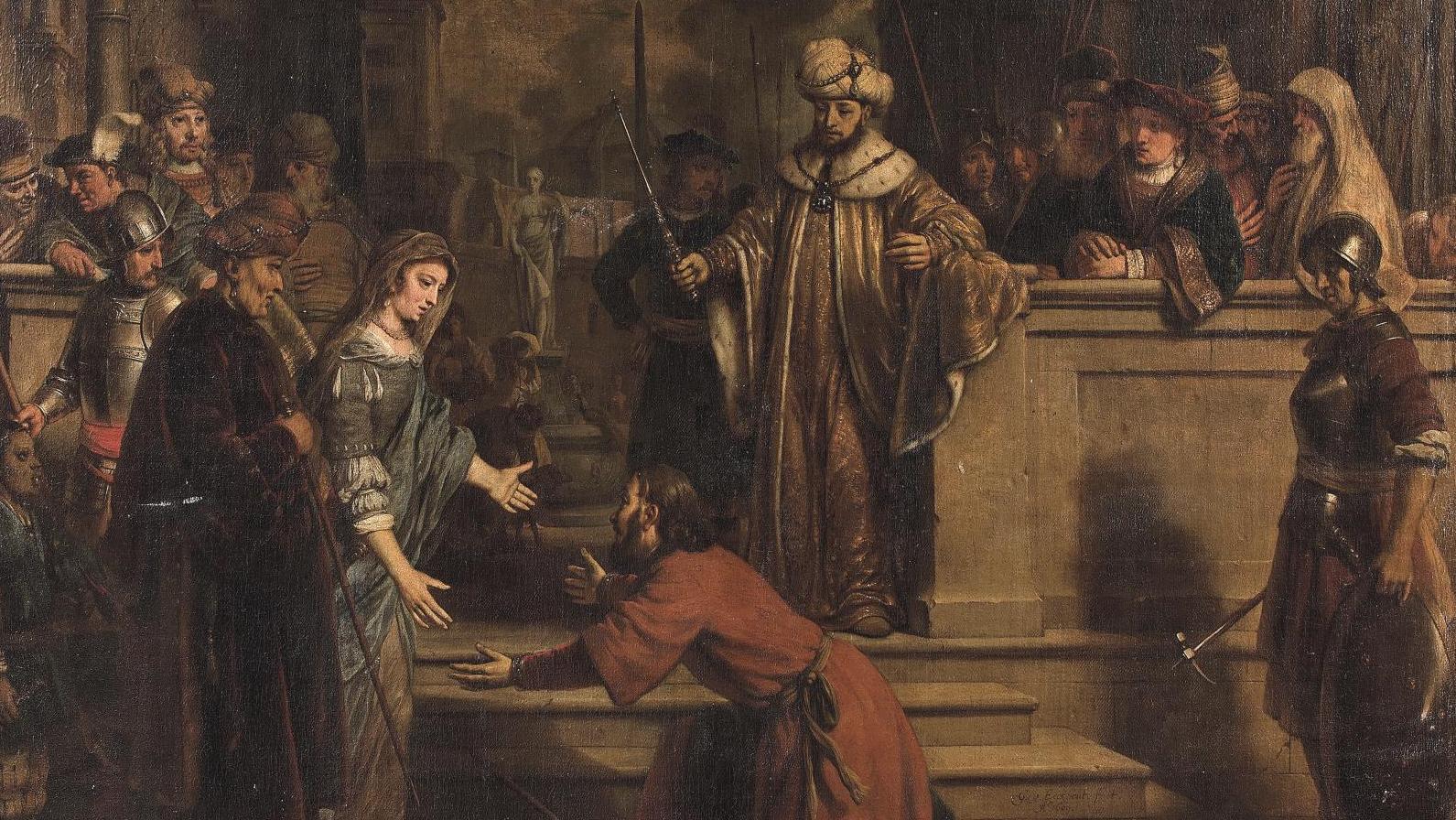 Gerbrand Van den Eeckhout (1621-1674), Pharaon rend à Abraham son épouse Sara, toile... Le Pharaon de Van den Eeckhout couronné