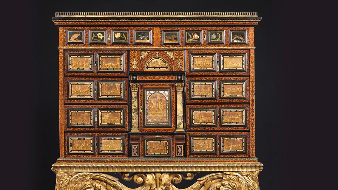 Attributed to Gerrit Jensen (1667-1715), mahogany and rosewood veneer cabinet, hard... Gerrit Jensen, A Goldsmith in Marquetry