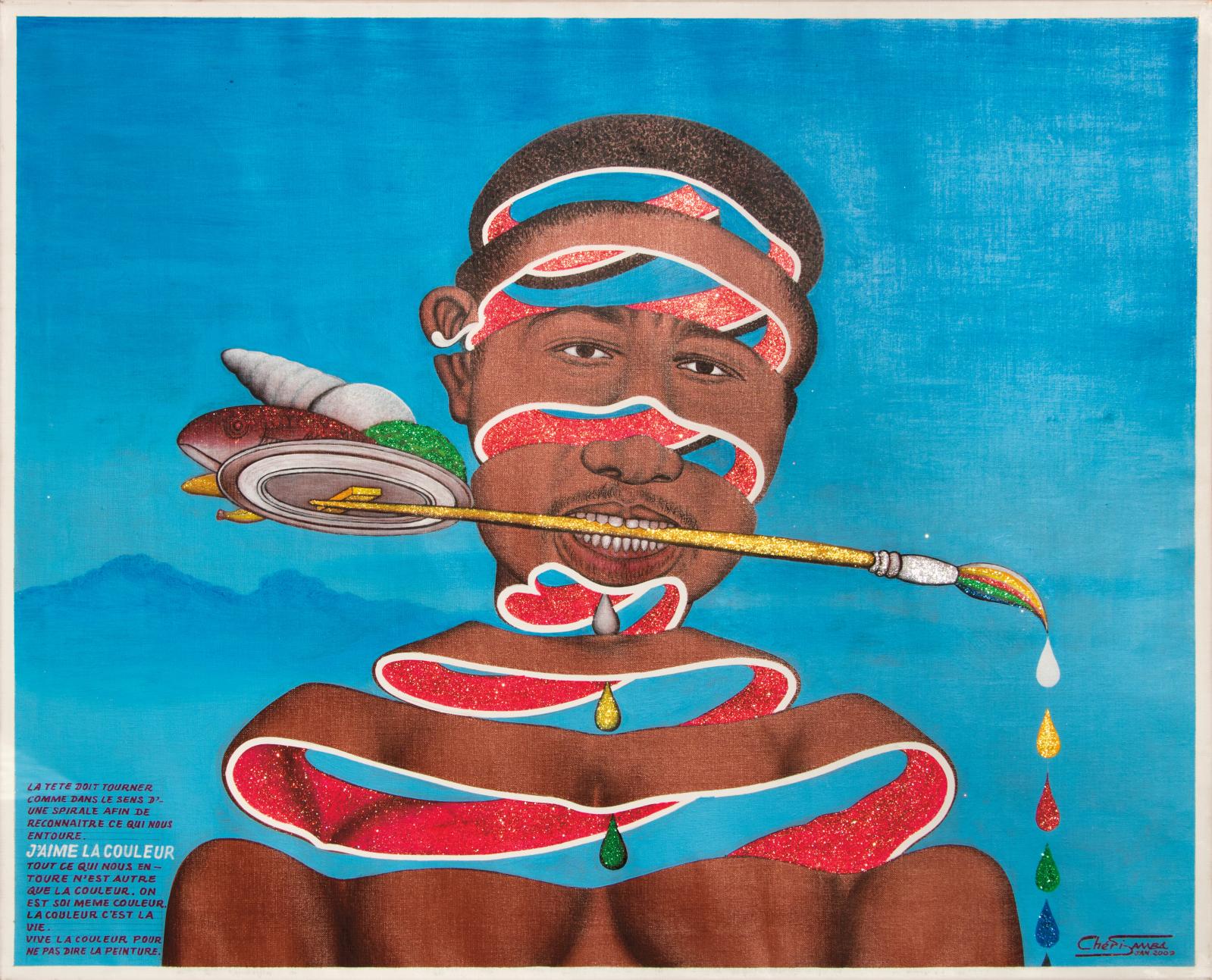 Chéri Samba (né en 1956), J’aime la couleur, 2009, acrylique et paillettes sur toile, 81 x 100 cm. Adjugé : 36 830 €