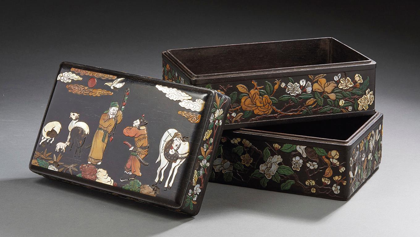 China, 18th-19th century, rectangular box with two compartments, wood inlaid on all... Omens of Good Fortune