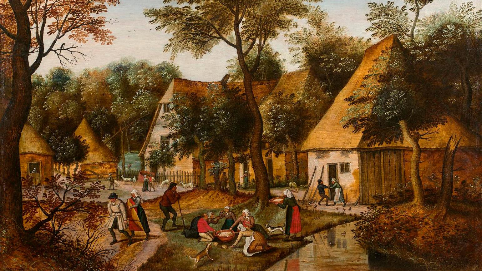 Pieter Brueghel the Younger (1564-1638), The Peasants’ Meal in the Village, oil on... Trophies for Daret and Bruegel 