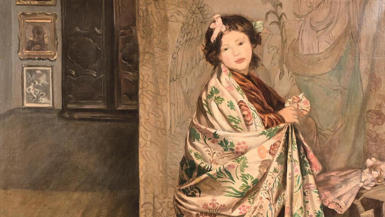 Émile Bernard (1868-1941), Jeune fille au châle à fleurs devant une tapisserie, 1908,... Une douceur enfantine signée Émile Bernard