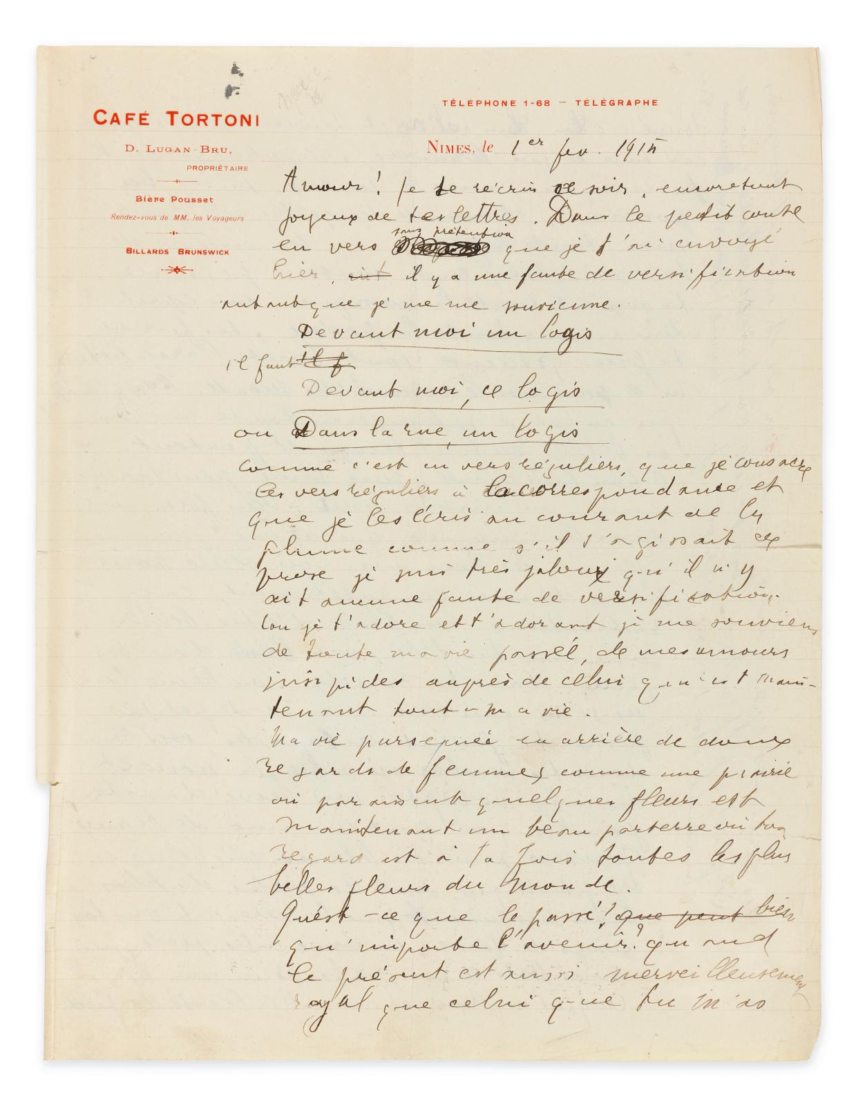 Guillaume Apollinaire, lettre autographe à Louise de Coligny-Chatillon, signée «Gui», 1er février 1915. Paris, galerie Charpentier, 17 jui