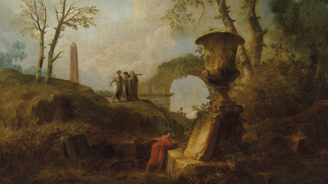 Hubert Robert (1733-1808), Promeneurs dans un paysage de ruines, huile sur toile,... Le glorieux passé selon Hubert Robert