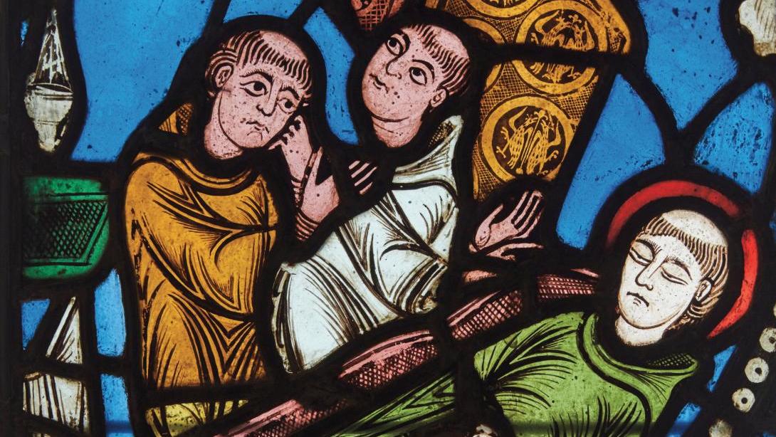 France, vers 1140-1144. Deux moines veillant le corps de saint Benoît, vitrail, 44,4 x 31,3 cm... Des vitraux retirés in extremis d’une vente par l’État