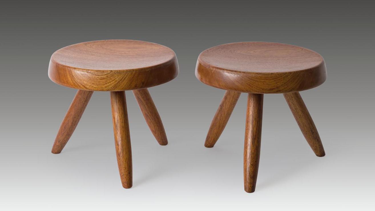 Charlotte Perriand (1903-1999), pair of "Berger" stools in solid wood, edited by... Perriand's Minimalism at its Height