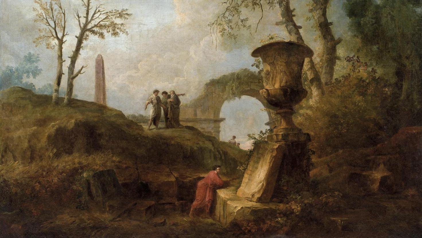 Hubert Robert (1733-1808), Promeneurs dans un paysage aux ruines, huile sur toile,... Des ruines d’Hubert Robert au Japon d’Hiroshige