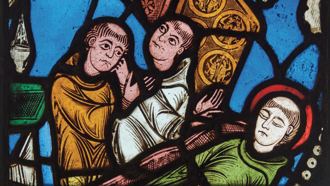 France, c. 1140-1144. Two monks watching over the body of Saint Benedict, stained... French State Seizes Historic Saint Denis Windows Right Before Auction