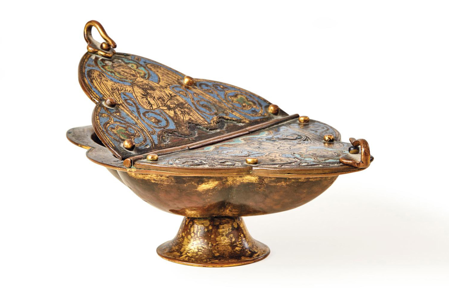 Limoges, c. 1230/1250 for the plates, third quarter of the 19th century for the base and hinges. Incense holder on a small champlevé coppe