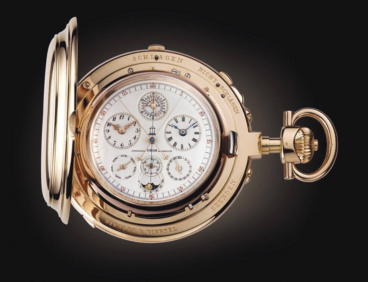 "Universelle" pocket watch, 1899, 18 ct rose gold case, dial by Uhrenfabrik Union Glasshütte, 22-line caliber, perpetual calendar, minute 