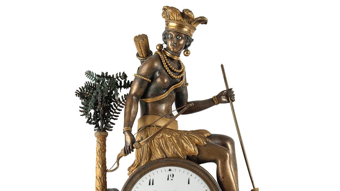 L’Amérique clock in chased, patinated and gilded bronze decorated with a palm tree... Jean-Simon Deverberie: Exoticism in Vogue 