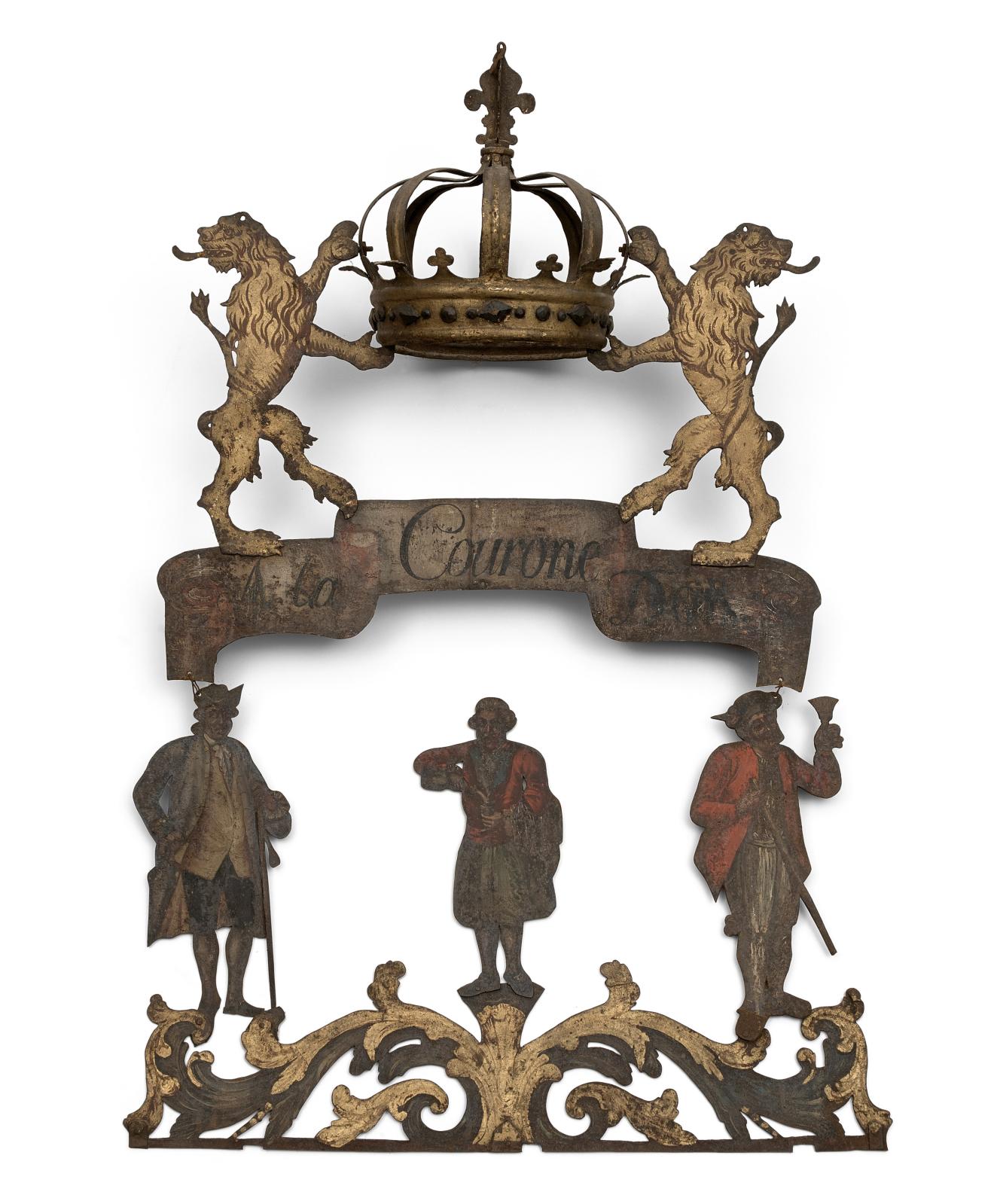 1 264 € Suisse, XVIIIe siècle. Enseigne d’aubergiste «À la couronne d’or», 120 x 94,5 cm. Drouot, 10 mai 2017. Ferri & Associés OVV.
