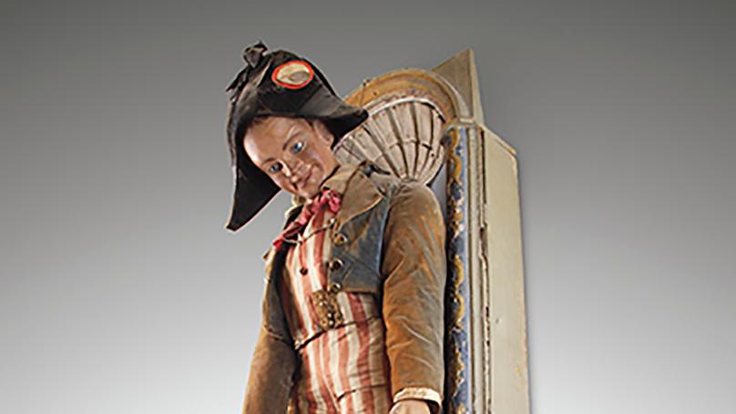 1 125 € XIXe siècle. Mannequin d’enseigne en bois et papier mâché, coiffé d’un bicorne... Cote : les enseignes