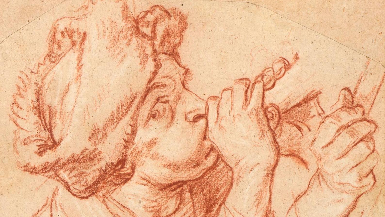 François Boucher (1703-1770), Étude d’homme soufflant dans une trompe et étude de... Galerie Terrades : dessins préparatoires, France et Italie, 1520-1820 