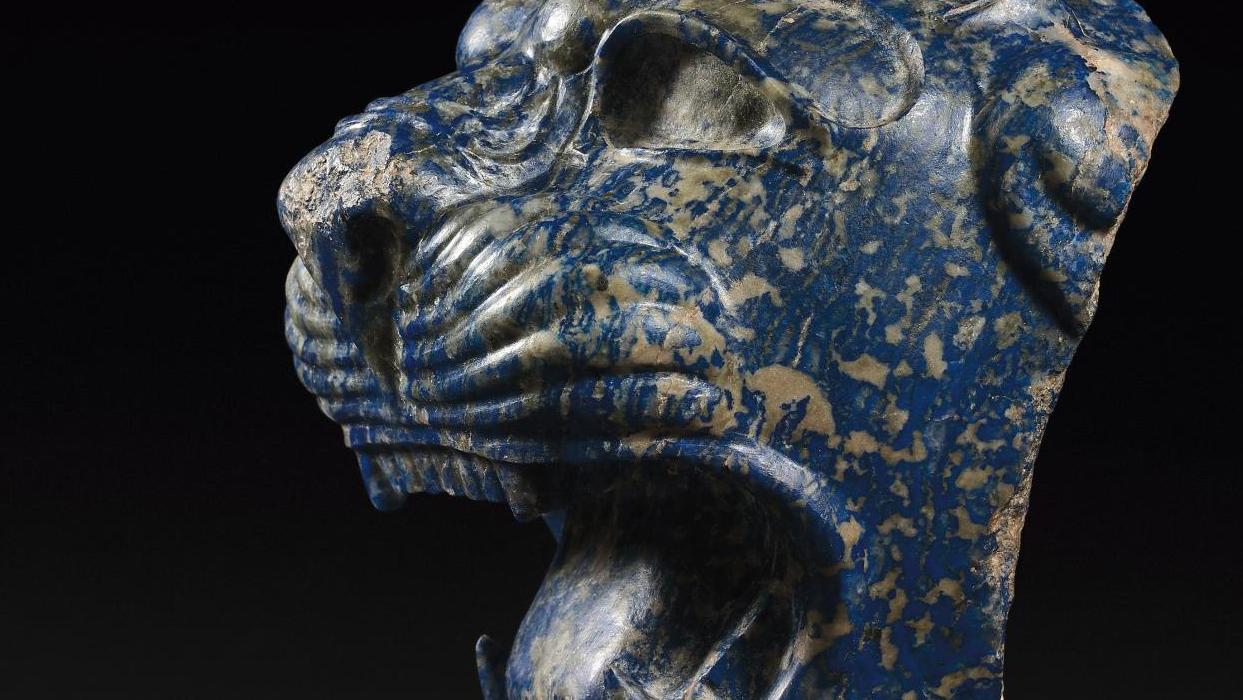 Middle East, neo-Assyrian, 9th-8th century BC. Lapis-lazuli head of a roaring lioness,... Assyrian Statue Takes the Lioness’s Share