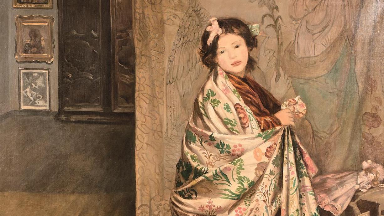 Émile Bernard (1868-1941), Jeune fille au châle à fleurs devant une tapisserie, 1908,... Émile Bernard, réminiscence