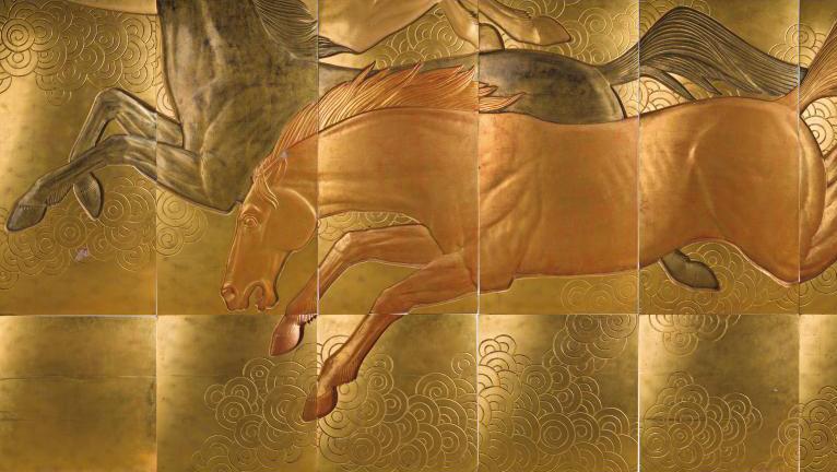 Jean Dunand (1877-1942), La Conquête du cheval, 1935, set of 18 panels in gold and... The Flight of Jean Dunand's Horses