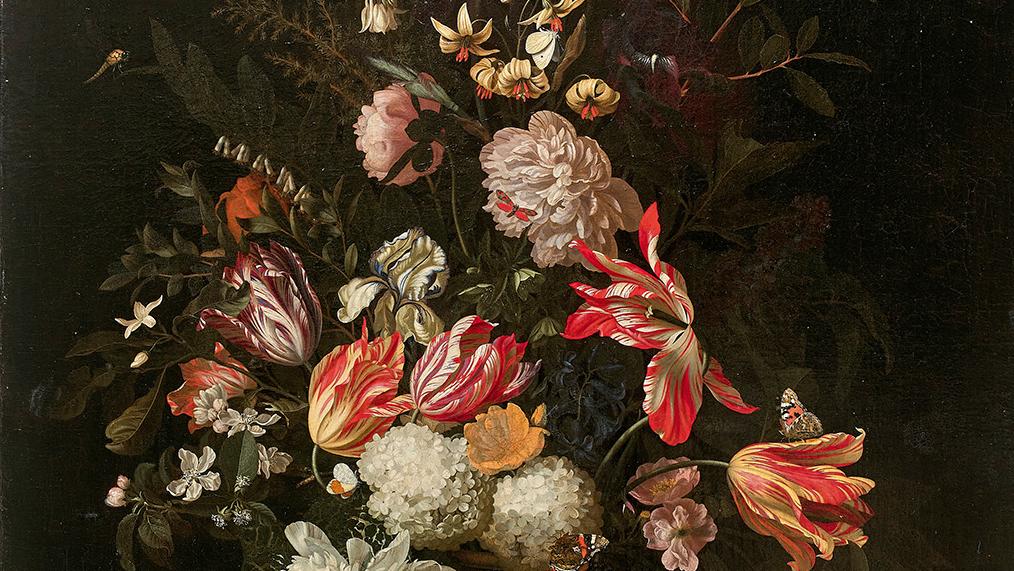 Maria Van Oosterwyck (1630-1693), Bouquet de fleurs dans un vase en grès du Rhin... Maria Van Oosterwyck, la nature au féminin