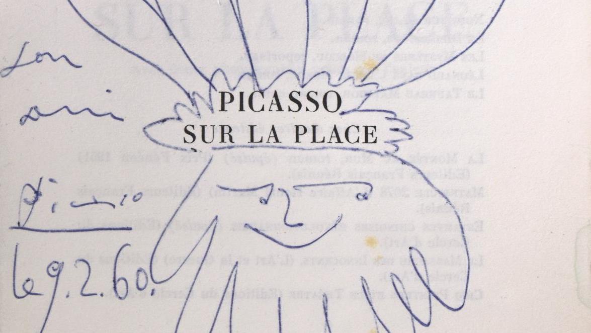 Pablo Picasso (1881-1973), dessin avec dédicace autographe, signée, sur la page de... Paysages et figures de fantaisie par Picasso, Zingg et Curzon