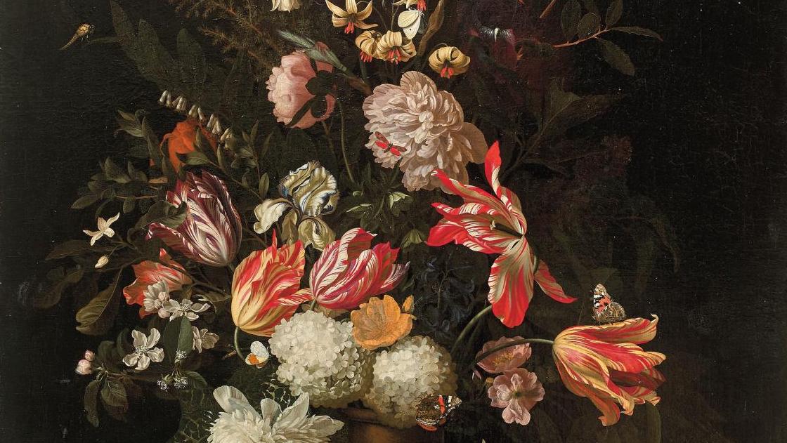 Maria Van Oosterwyck (1630-1693), Bouquet de fleurs dans un vase en grès du Rhin... La vanité des sachants de Maria Van Oosterwyck 