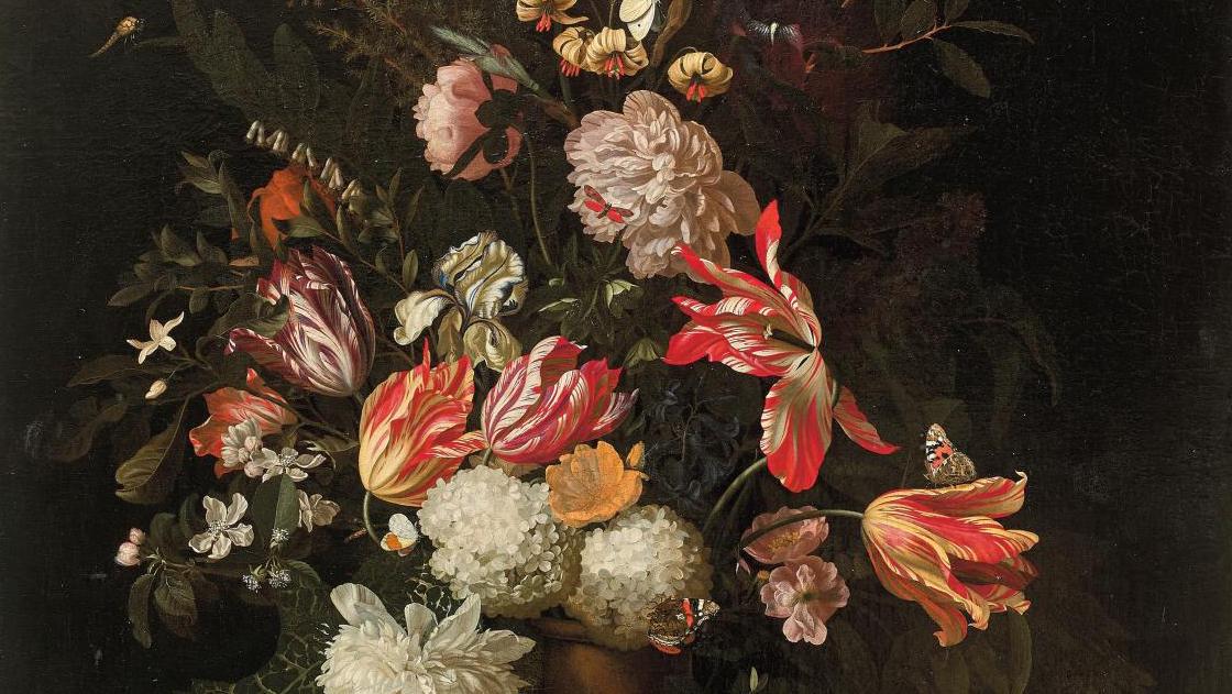Maria Van Oosterwyck (1630-1693), Bouquet of flowers in a Rhine stoneware vase on... Maria Van Oosterwyck's Rare and Intriguing Vanitas Paintings