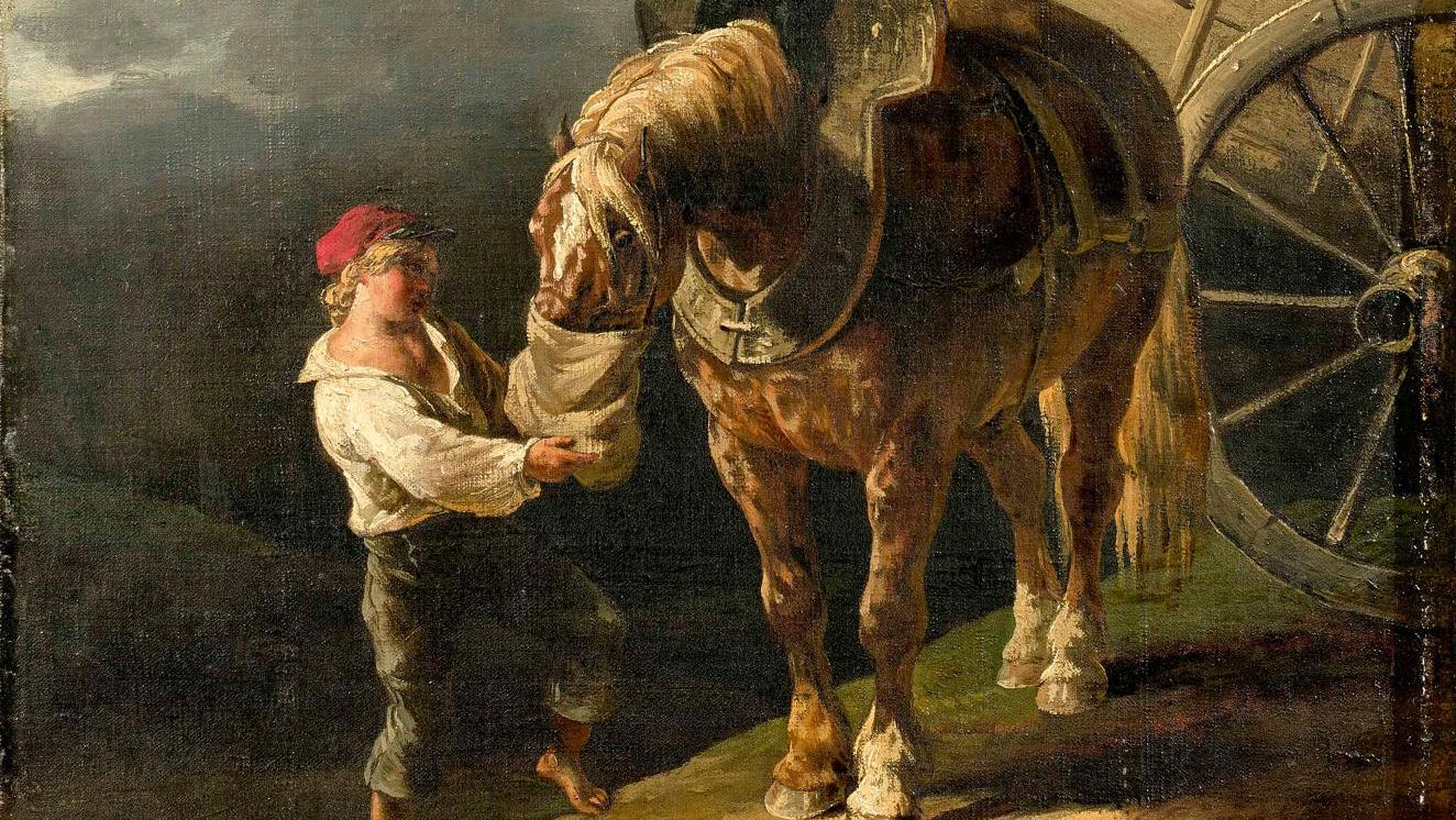 Théodore Géricault (1791-1824), Garçon donnant l’avoine à un cheval dételé, huile... Portrait d’un cheval de trait