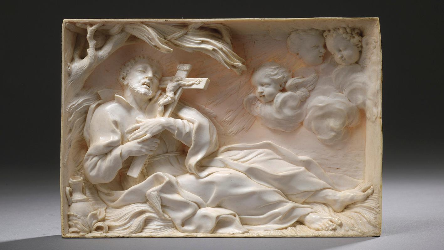 Rome, La mort de saint François-Xavier, plaque en ivoire sculpté, bas-relief et demi-bosse,... La mort de Saint François-Xavier saisie dans l'ivoire