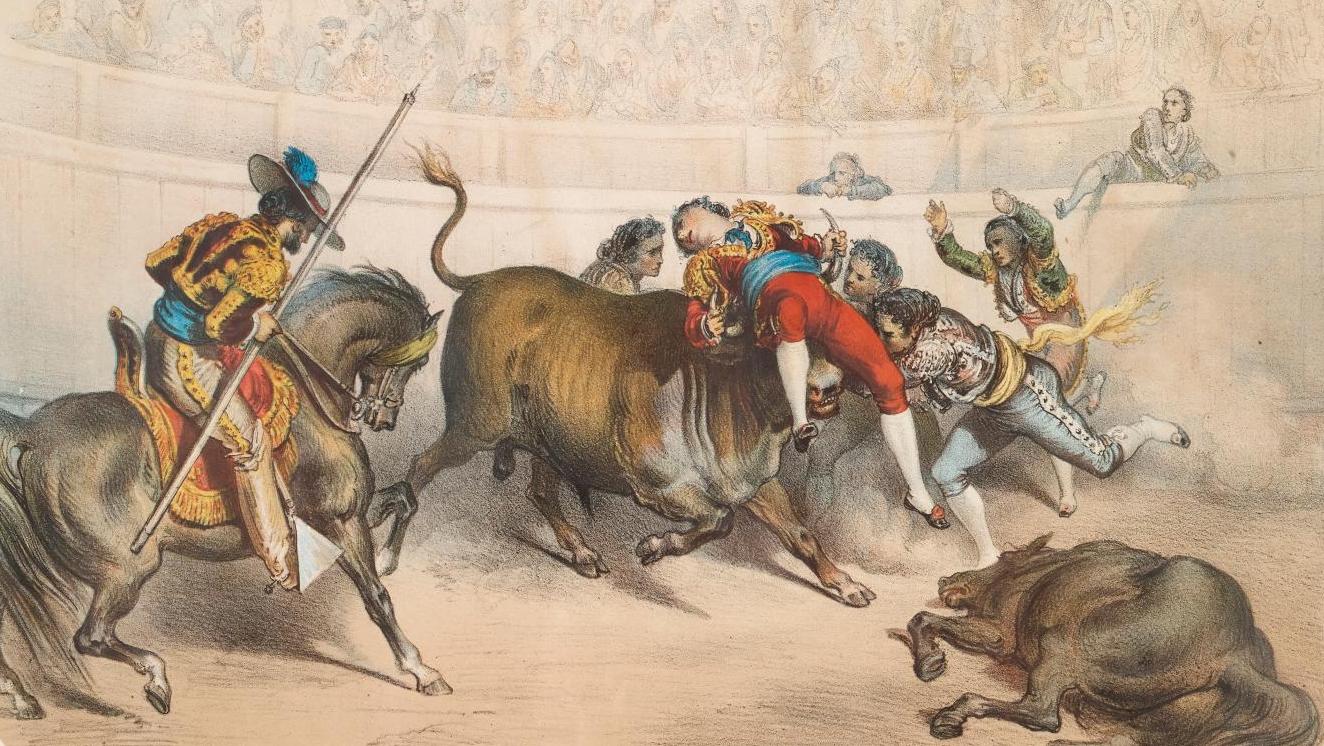 Gustave Doré (1832-1883), Torero enlevé par le taureau, lithographie coloriée d’une... La collection tauromachique de René Cluzel
