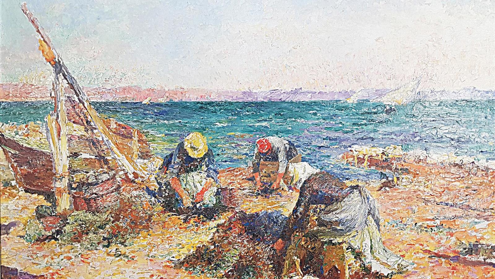 Julien Gustave Gagliardini (1846-1927), Les Trieuses de moules en bord de mer, huile... Sous le soleil du Midi avec Gagliardini