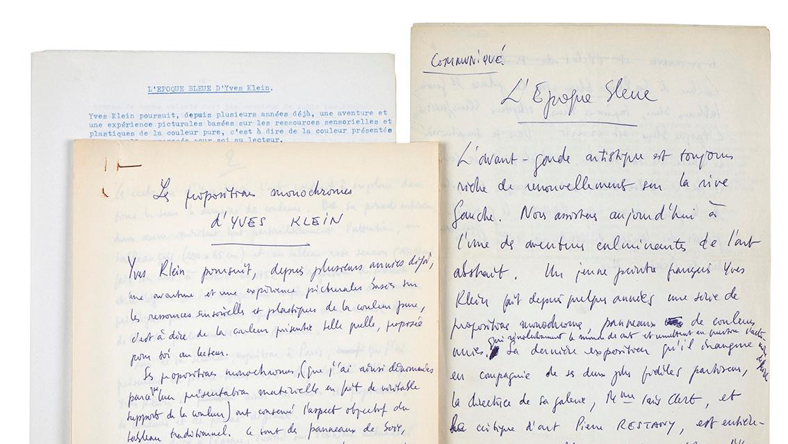 Pierre Restany (1930-2003), L’Époque bleue, 1957, manuscrit autographe au stylo à... L’époque bleu Klein avec Restany