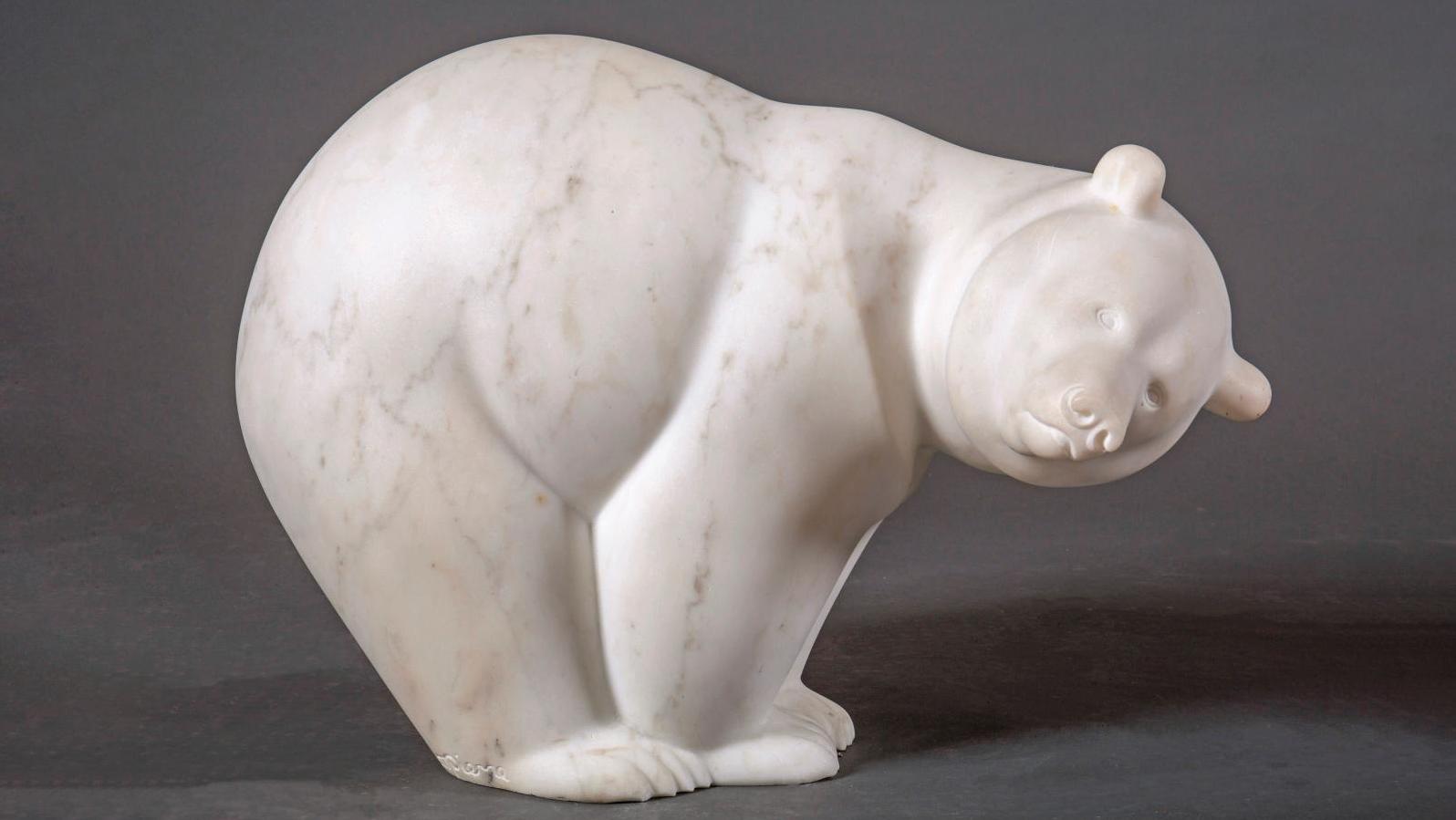 Michel Bassompierre (né en 1948), Les Saumons n° 1, marbre blanc de Carrare, 38 x 55 x 30 cm,... Ours pêcheur de Michel Bassompierre