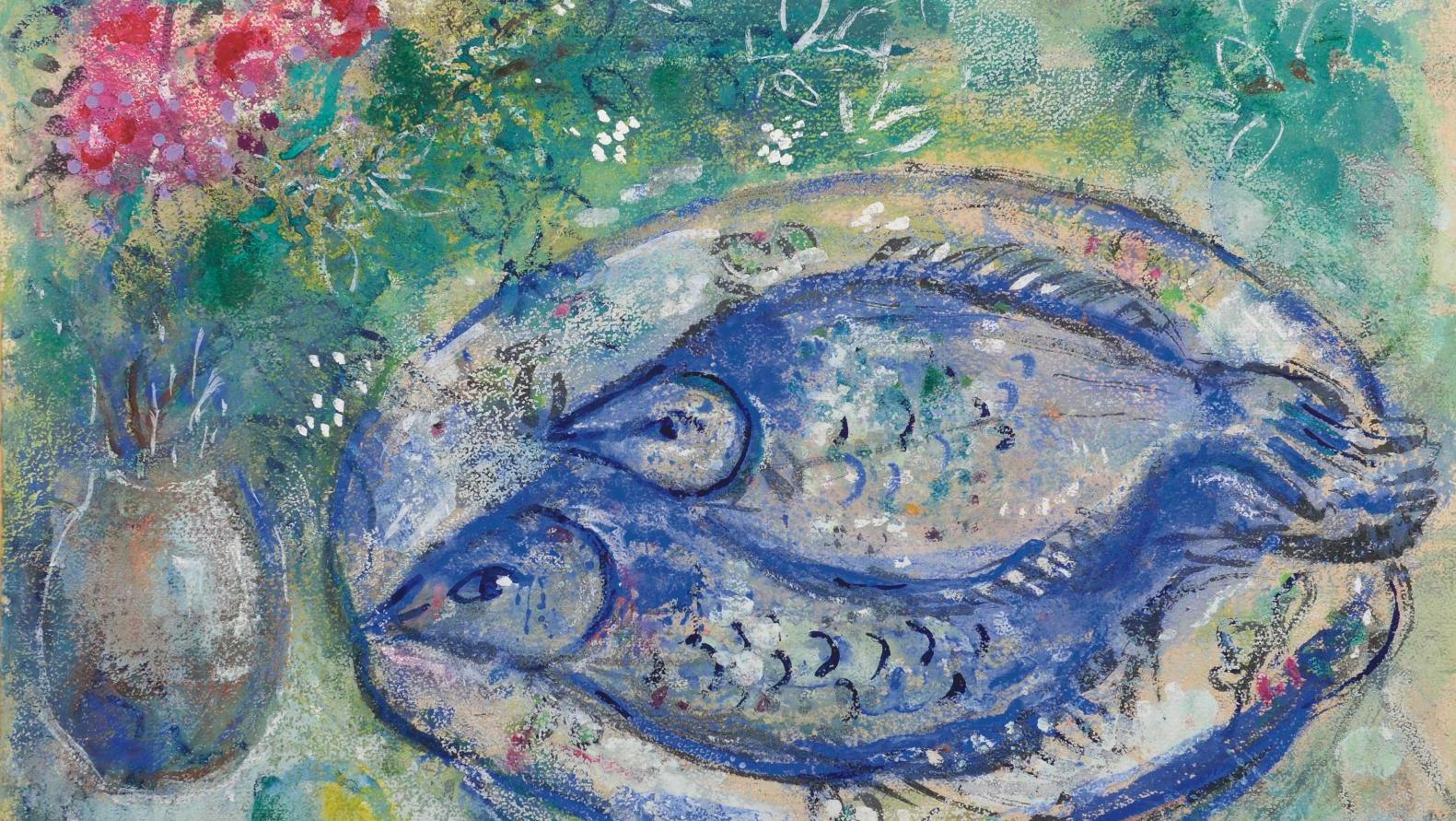 Marc Chagall (1887-1985), Les Limandes, 1951, gouache, 48,5 x 59,5 cm. Adjugé : ... Deux limandes bleues façon Marc Chagall